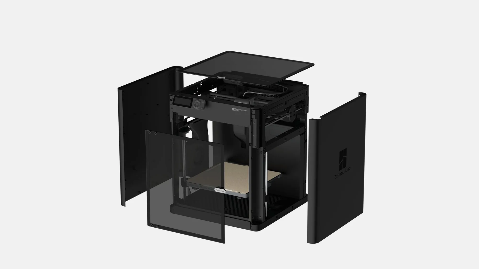 Exploded view of the Bambu Lab P1S enclosed 3D printer with its top lid, glass door and side panels floating apart on a light grey background