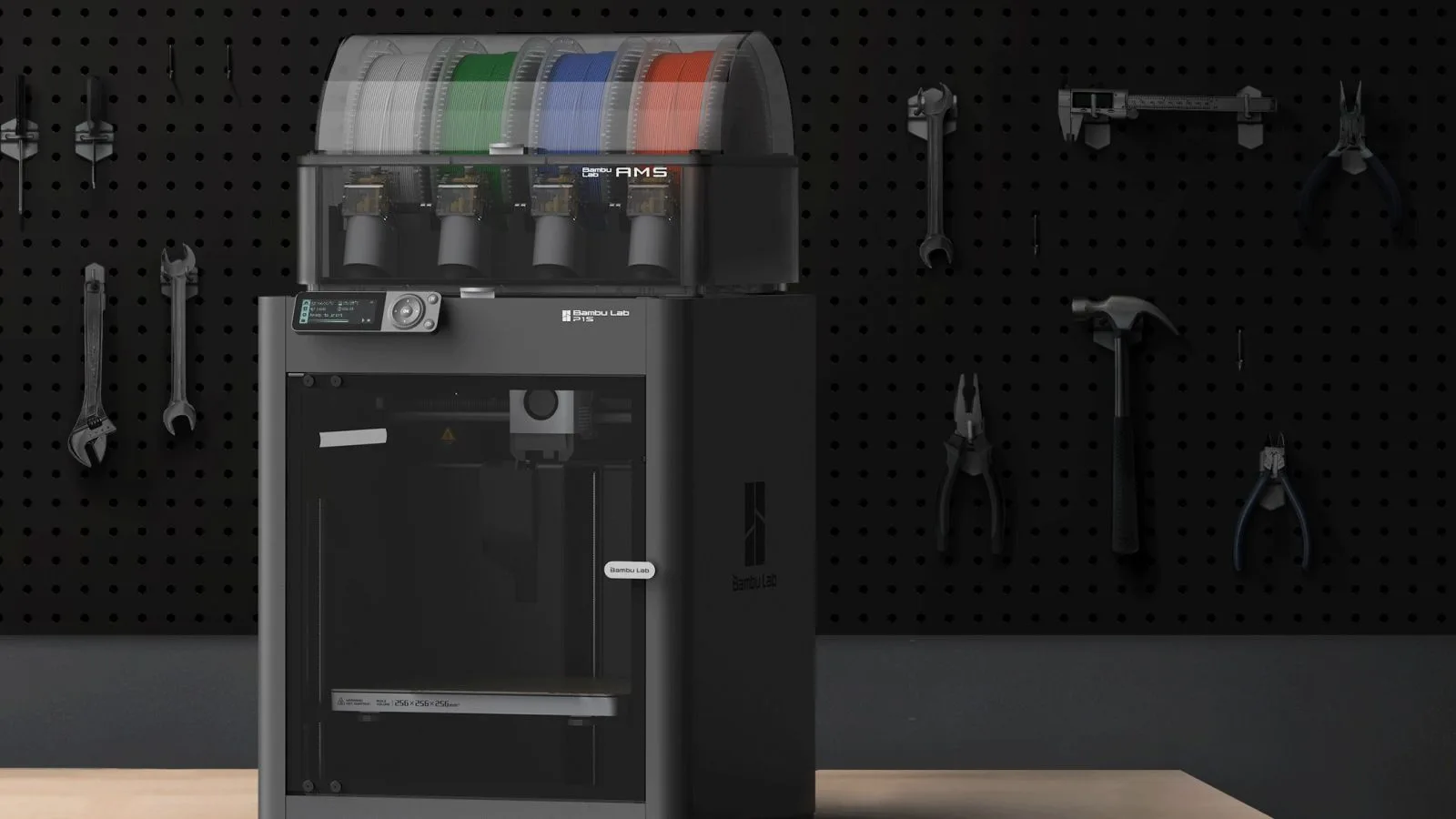 Bambu Lab P1S enclosed 3D printer with an AMS unit on top standing on a wooden workbench in front of a pegboard of hand tools