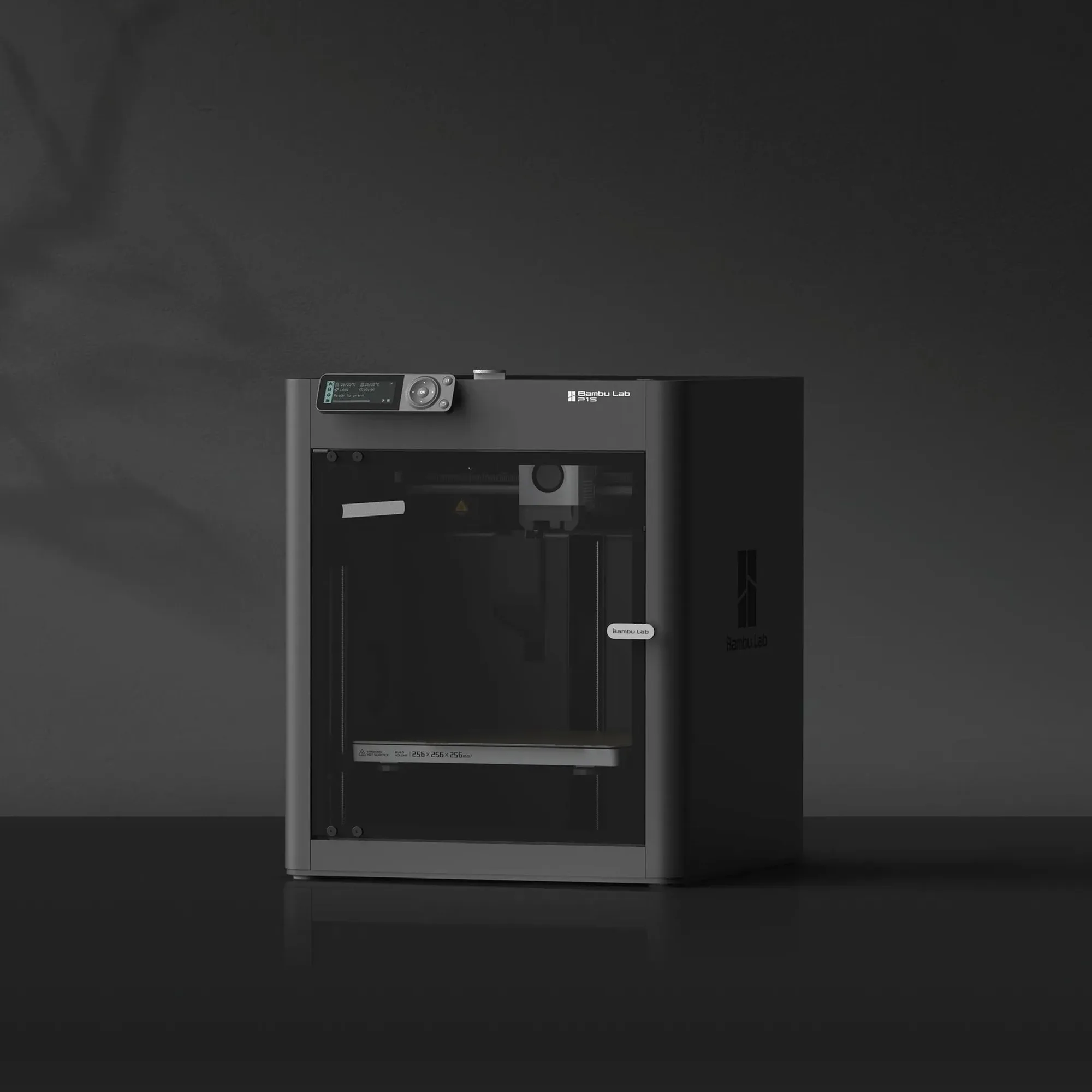 Bambu Lab P1S enclosed 3D printer on a dark background