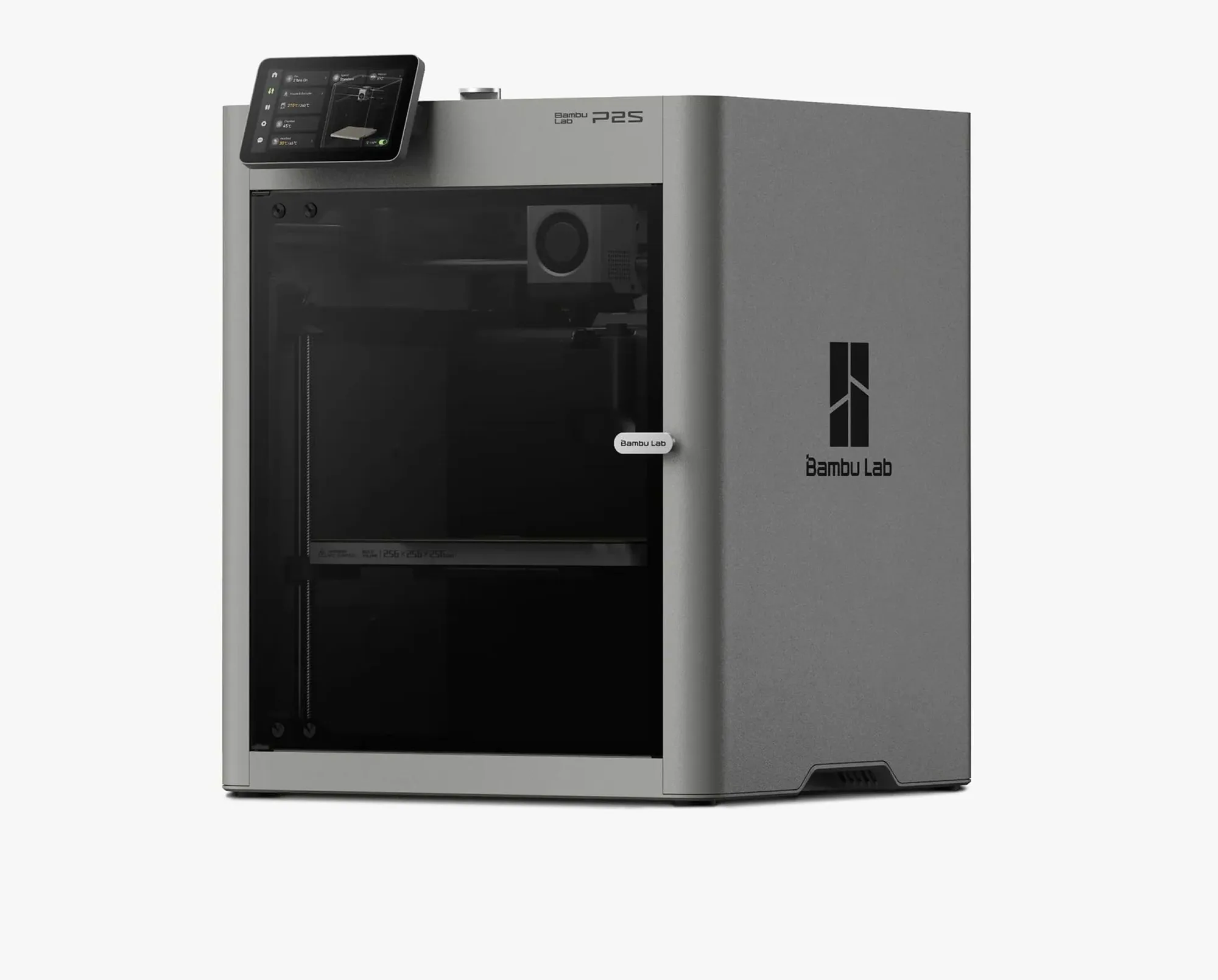 Bambu Lab P2S enclosed 3D printer with its door closed