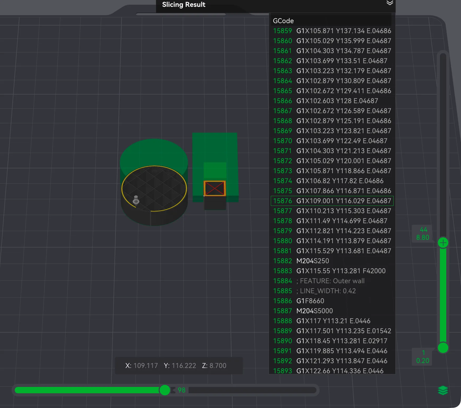 Bambu Studio Preview with the horizontal slider at 98 on layer 44, the G-code viewer open beside the model and an X, Y, Z position readout under it