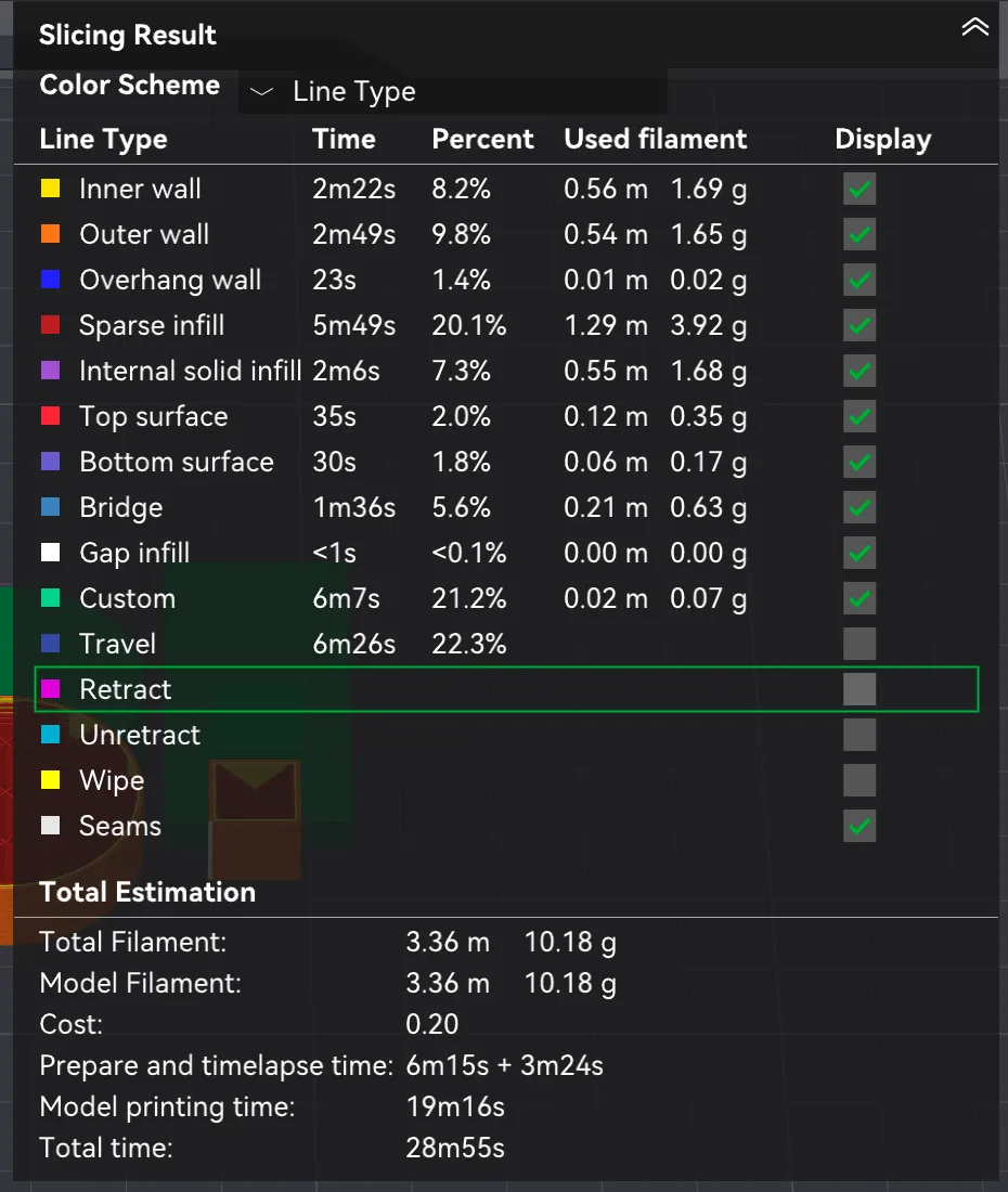 The Line Type legend in Bambu Studio listing inner wall, outer wall, sparse infill, travel and other types with time, percent and filament, above the total estimate