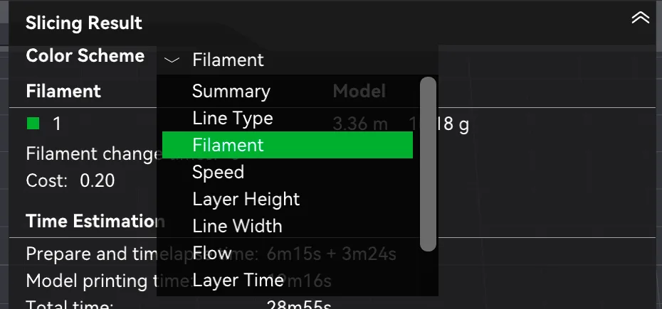 The Color Scheme drop down in Bambu Studio Preview listing Summary, Line Type, Filament, Speed, Layer Height, Line Width, Flow and Layer Time