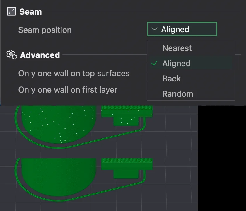 Bambu Studio Seam position list showing Nearest, Aligned, Back and Random, above a Random preview with scattered seam dots and a Back preview