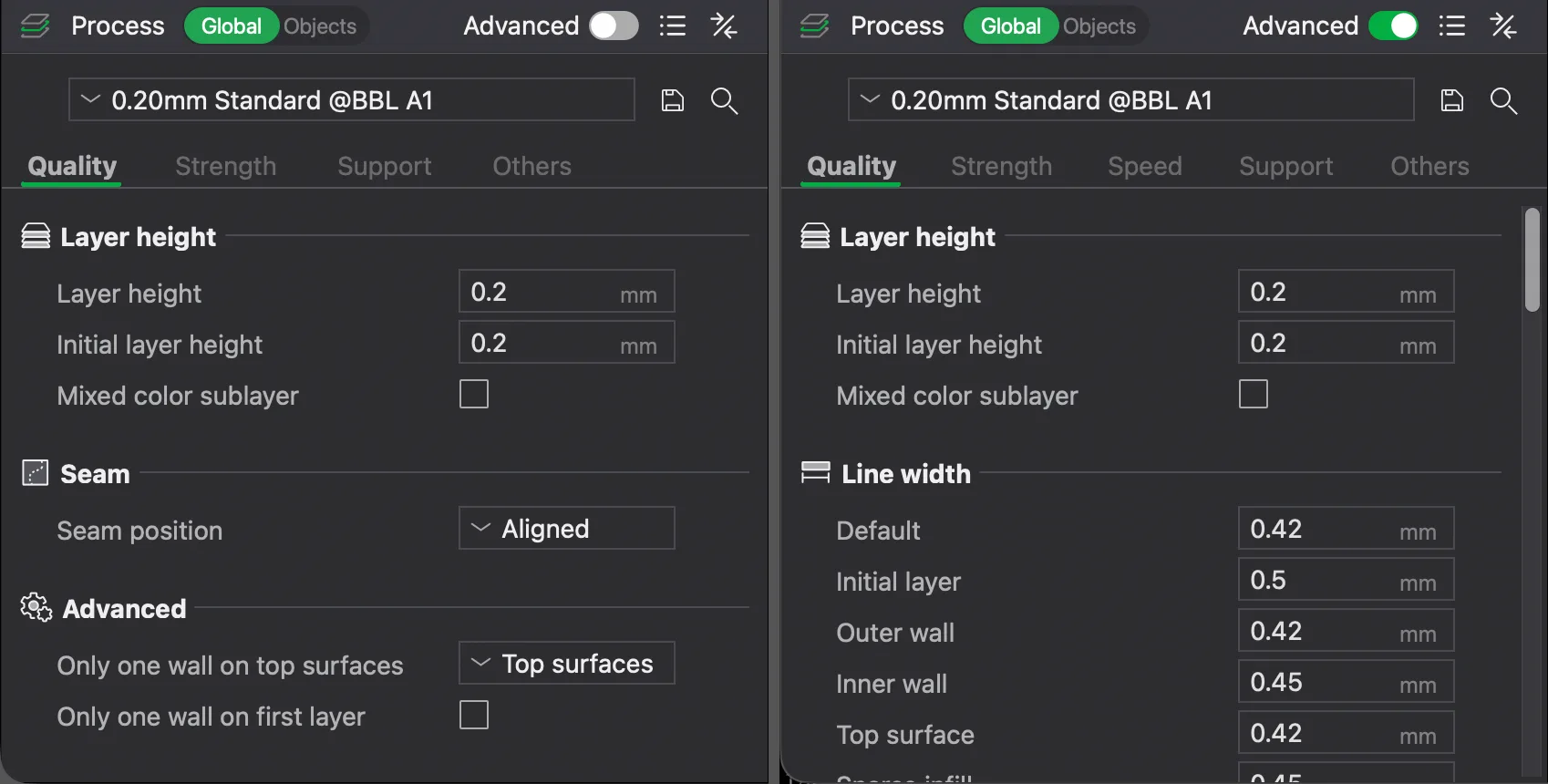 The Bambu Studio Process panel Quality tab, with Advanced off showing layer height and seam position and Advanced on adding line width settings