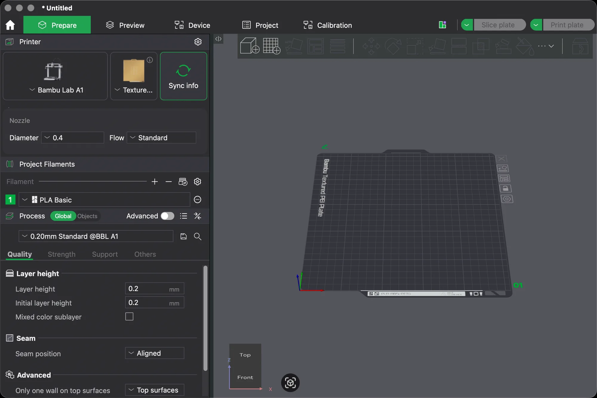 Bambu Studio Prepare tab after setup showing Bambu Lab A1, 0.4 nozzle, PLA Basic and 0.20mm Standard @BBL A1