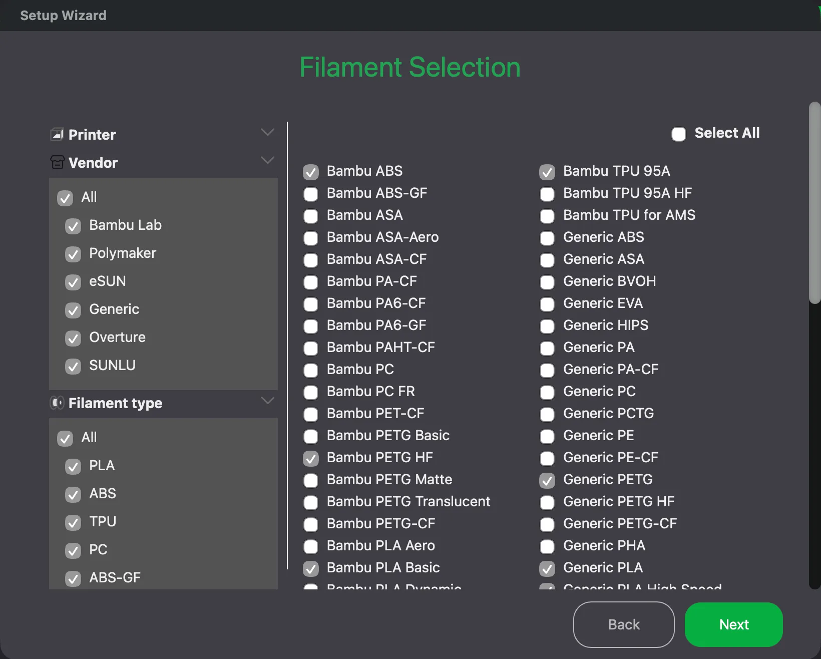 Bambu Studio Setup Wizard Filament Selection page with vendor and filament type filters and default ticked filaments