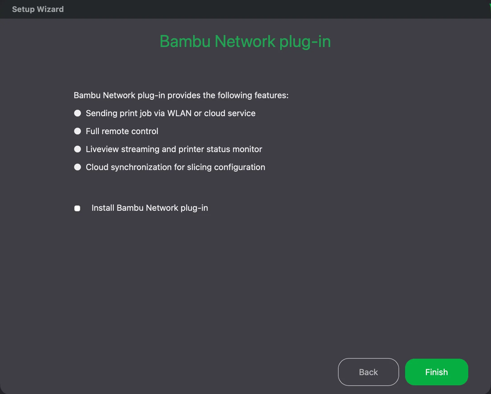 Bambu Network plug-in page of the Bambu Studio Setup Wizard with the Install Bambu Network plug-in box unticked
