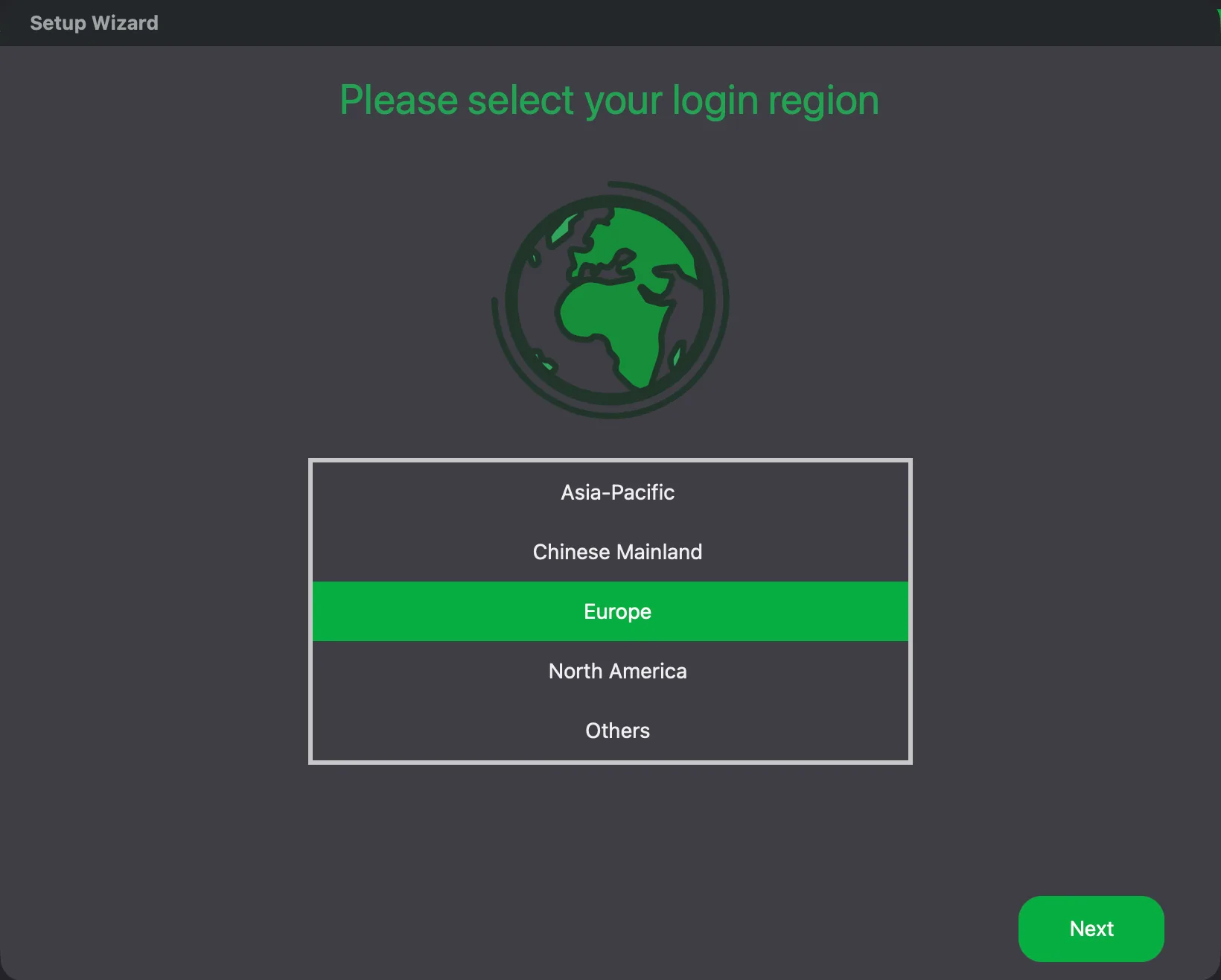 Bambu Studio Setup Wizard asking you to select your login region, with Europe highlighted