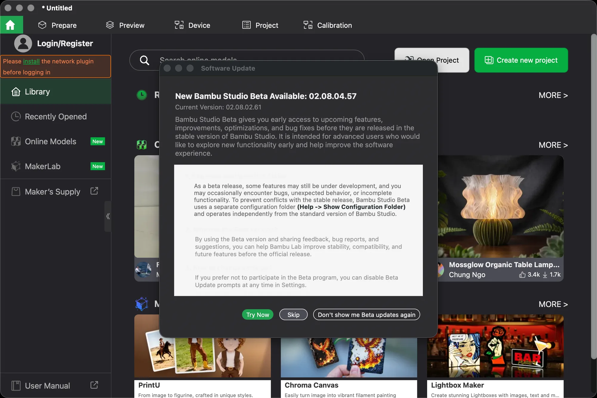 Bambu Studio Software Update dialog offering beta 02.08.04.57 over current version 02.08.02.61, with a Skip button