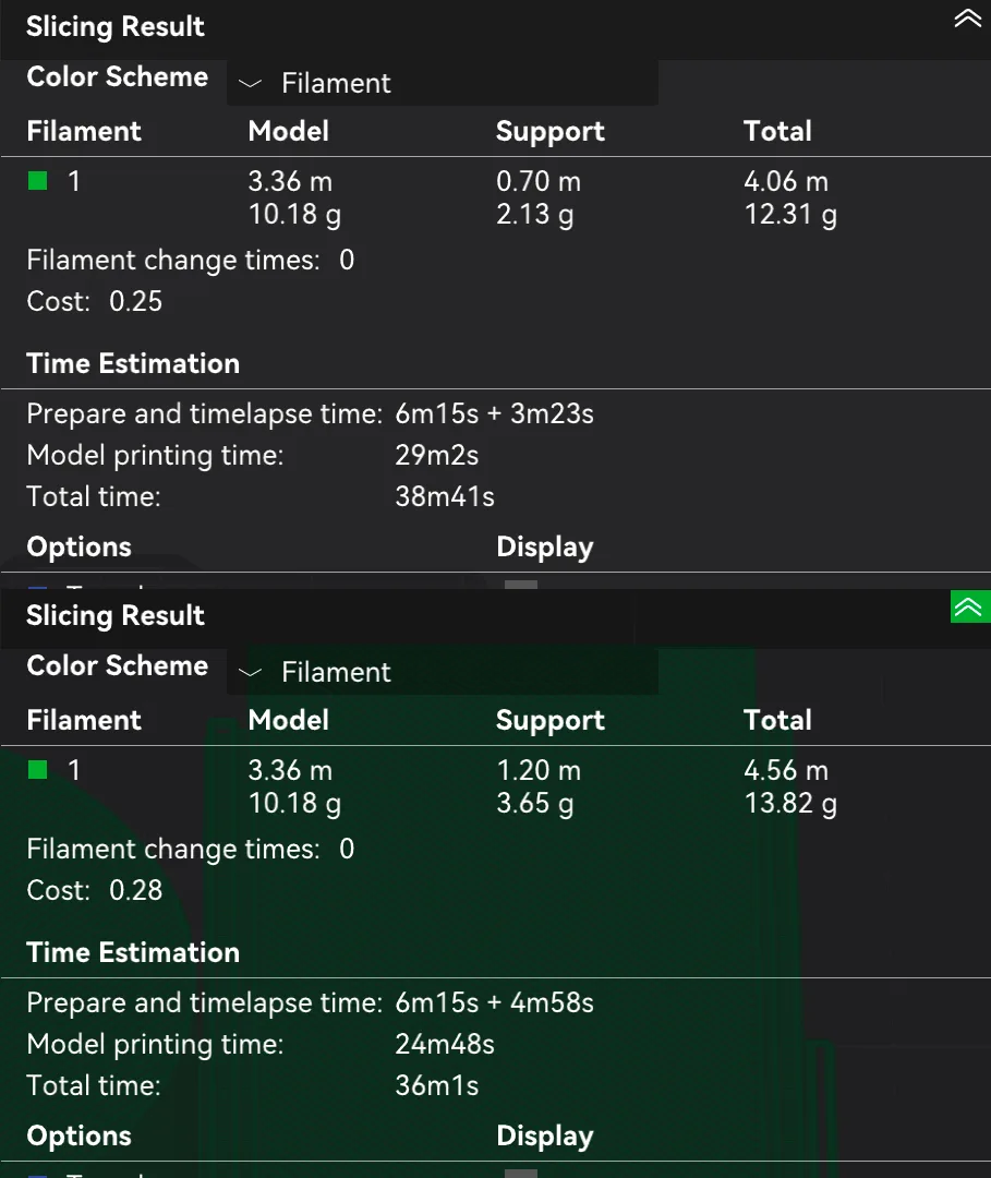 Two Slicing Result panels in Bambu Studio, tree(auto) above and normal(auto) below, with support filament and time estimates