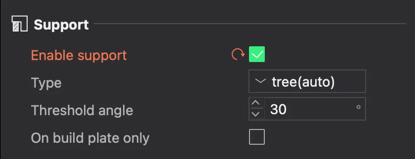 Support tab in the Bambu Studio Process panel with Enable support ticked, Type tree(auto), Threshold angle 30 and On build plate only