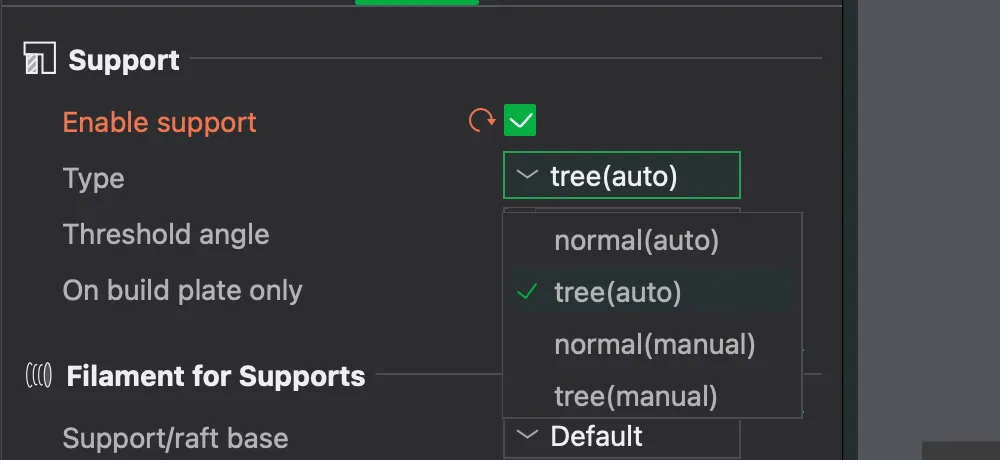Type drop-down in Bambu Studio listing normal(auto), tree(auto), normal(manual) and tree(manual)