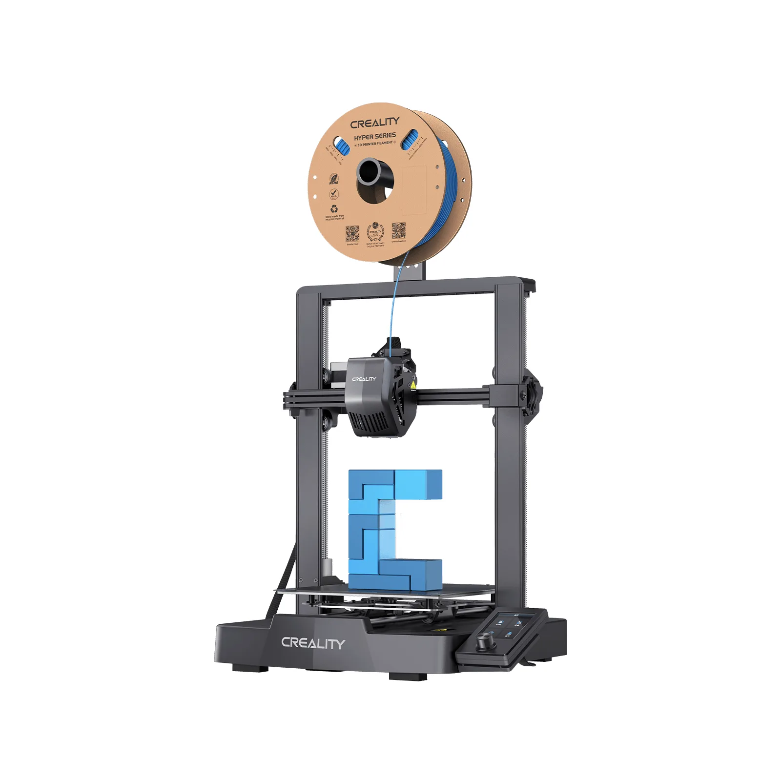 Creality Ender-3 V3 SE open-frame 3D printer with a spool of blue filament and a printed model