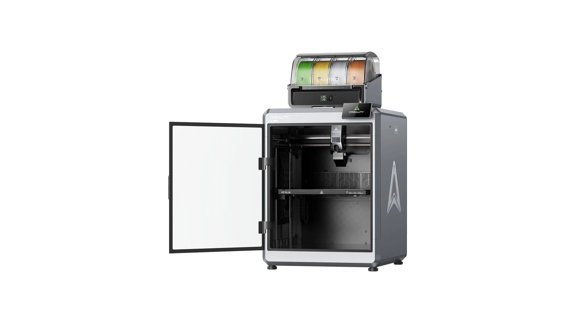 Creality K2 Plus Combo enclosed 3D printer with its front door open and the filament dryer box on top, on a white background