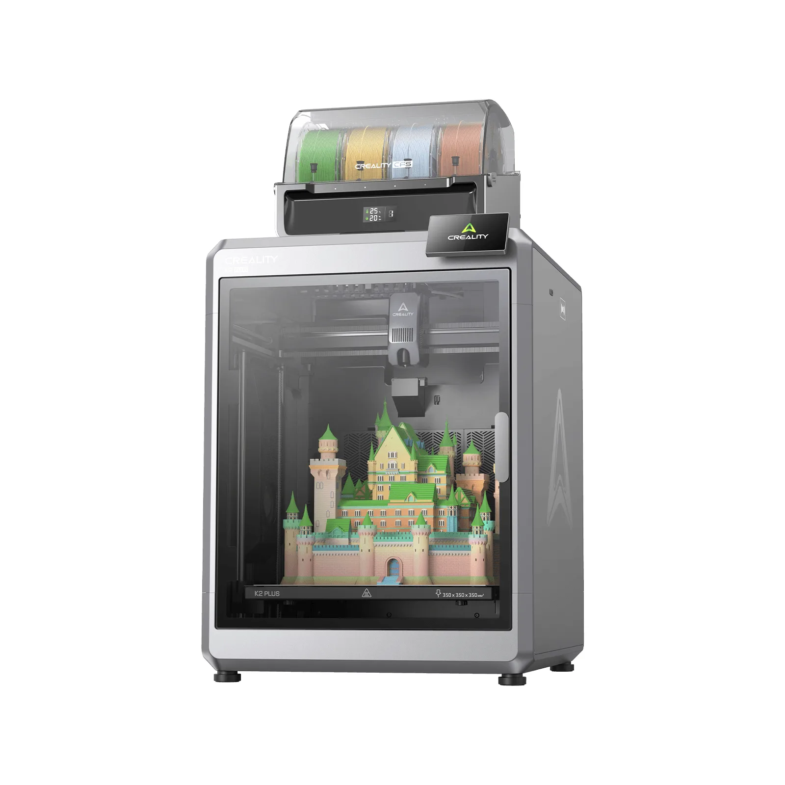 Creality K2 Plus large enclosed 3D printer holding a multi-coloured printed castle