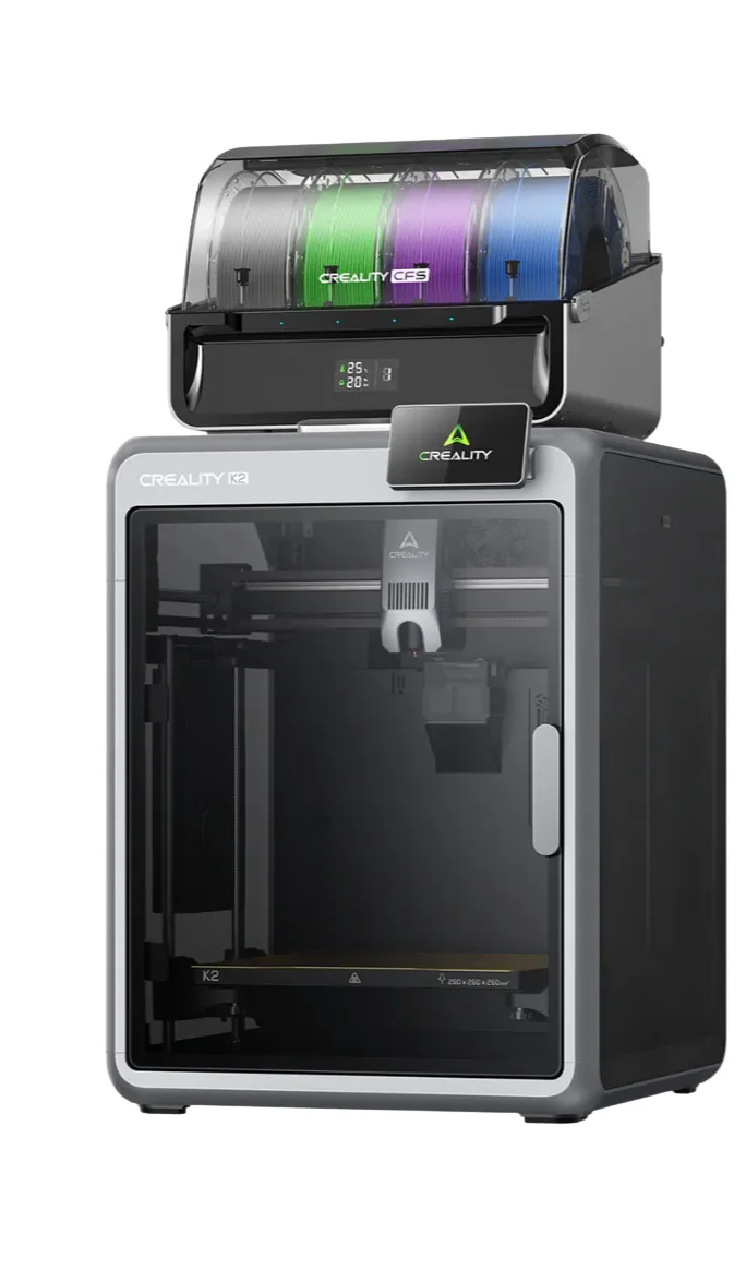 Creality K2 enclosed 3D printer with the multi-colour filament unit on top