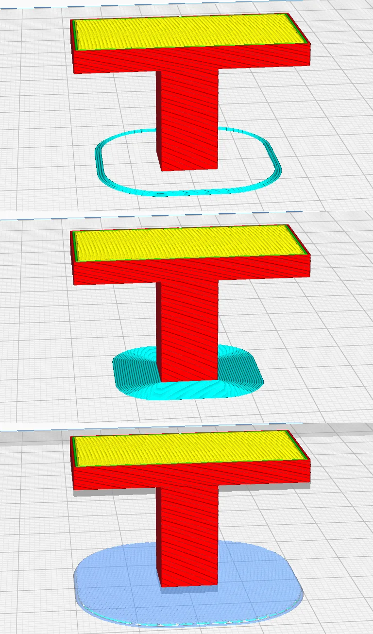 Three Cura Preview crops of the overhang-t part showing a skirt ring, a brim and a raft under the model