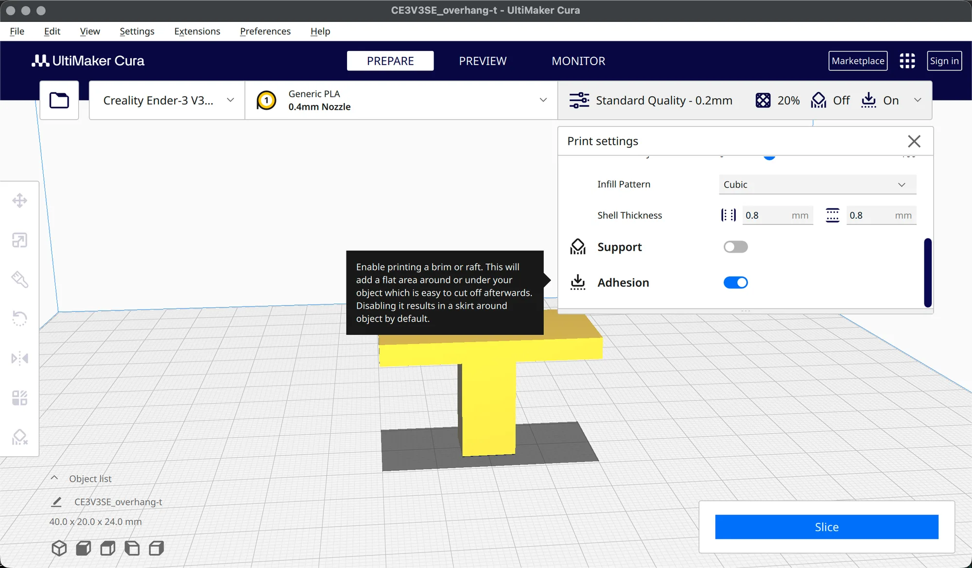 Cura print settings panel with the Adhesion switch on and its tooltip about brim, raft and skirt