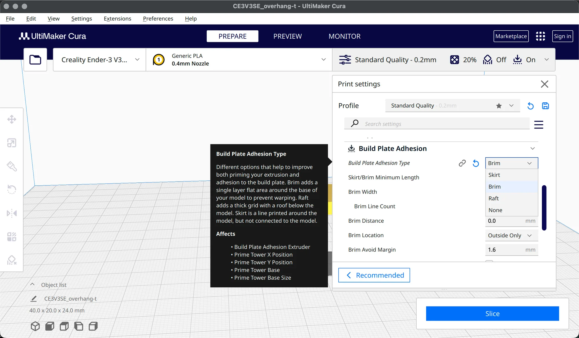 Custom mode Build Plate Adhesion Type drop-down listing Skirt, Brim, Raft and None with its tooltip