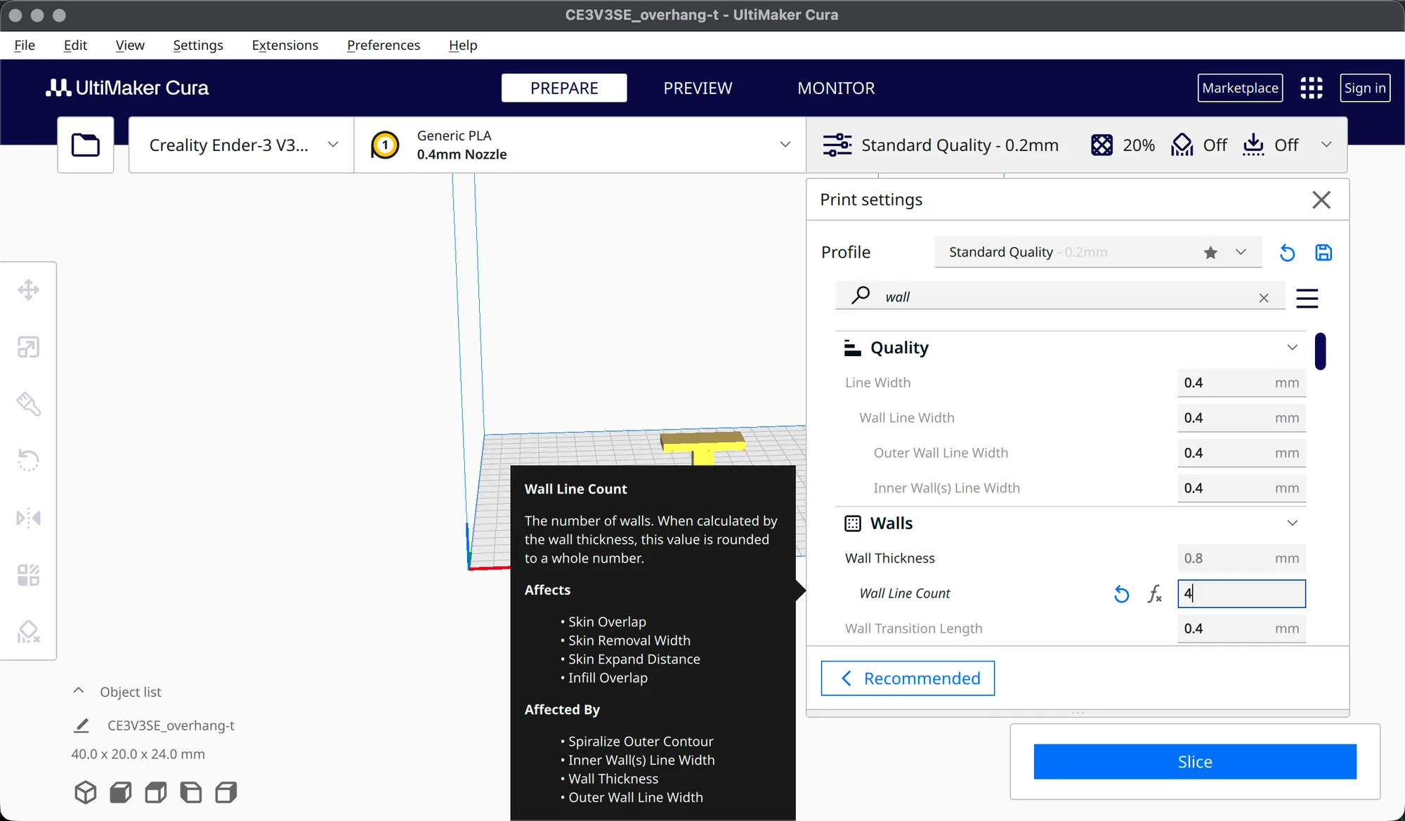 Cura Wall Line Count set to 4 with reset and formula icons and a tooltip listing Affects and Affected By