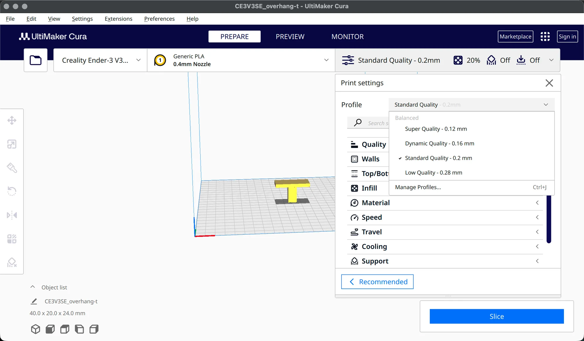 Cura Profile drop-down listing Super, Dynamic, Standard and Low Quality with Manage Profiles