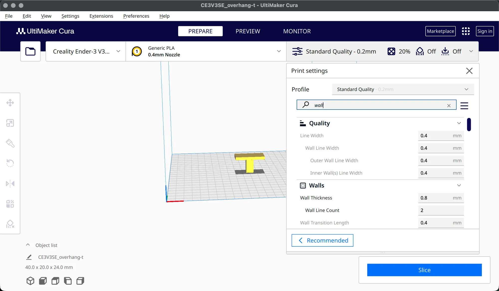 Cura Search settings results for wall, showing matches in Quality and Walls