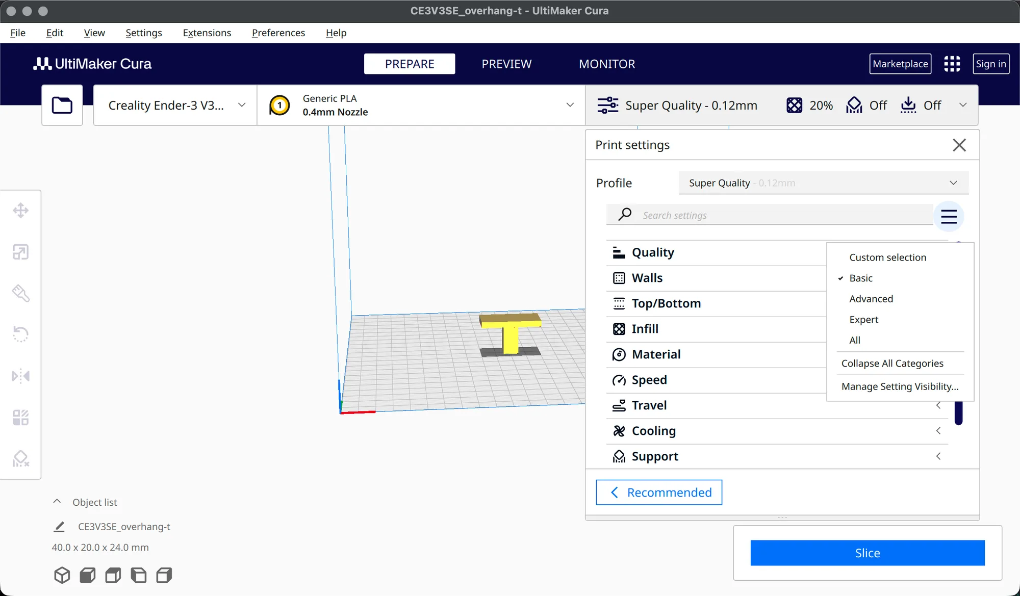 Cura menu next to the Search settings box listing Custom selection, Basic, Advanced, Expert, All, Collapse All Categories and Manage Setting Visibility