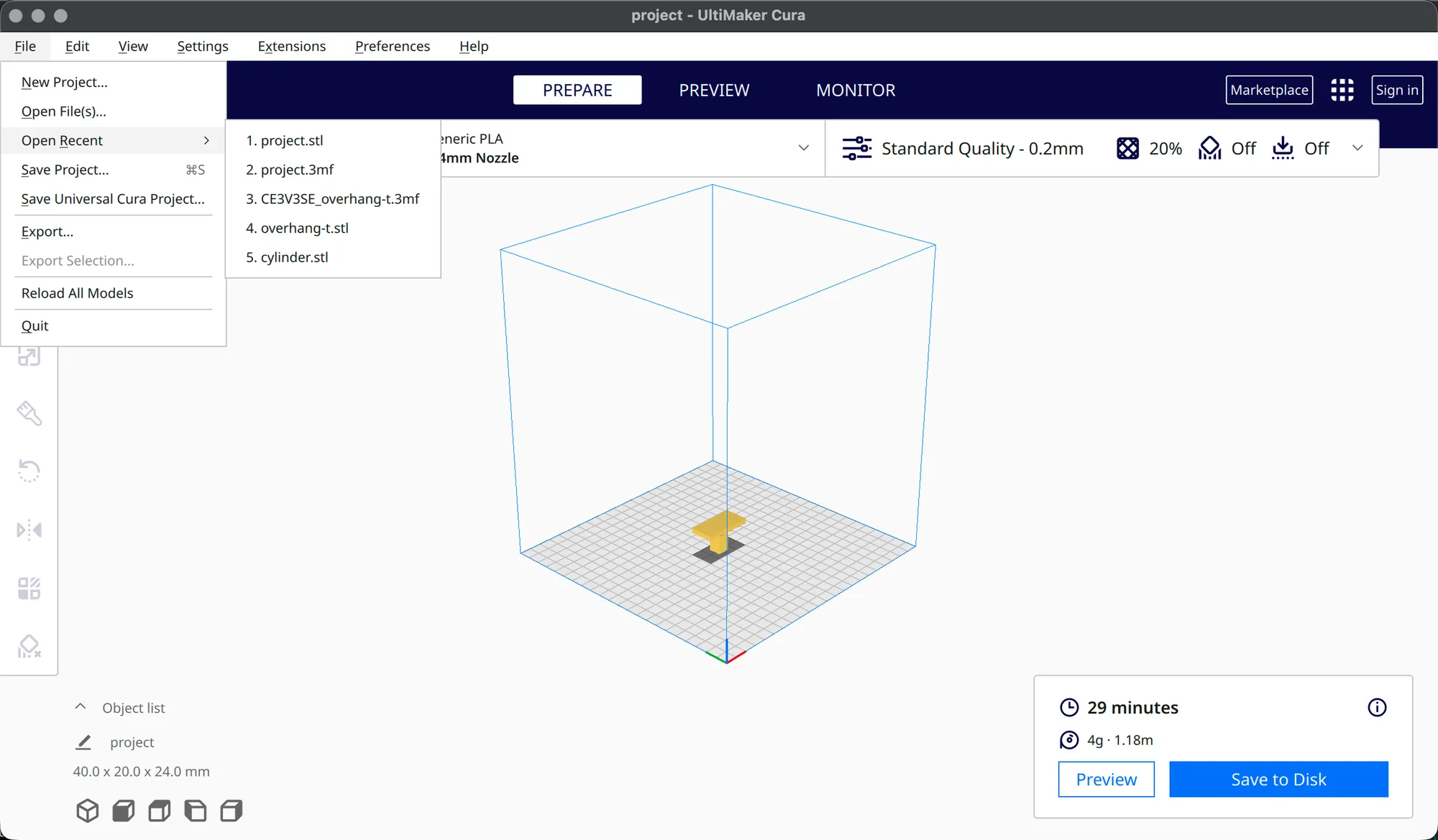 Cura File menu with the Open Recent sub menu listing recently saved files