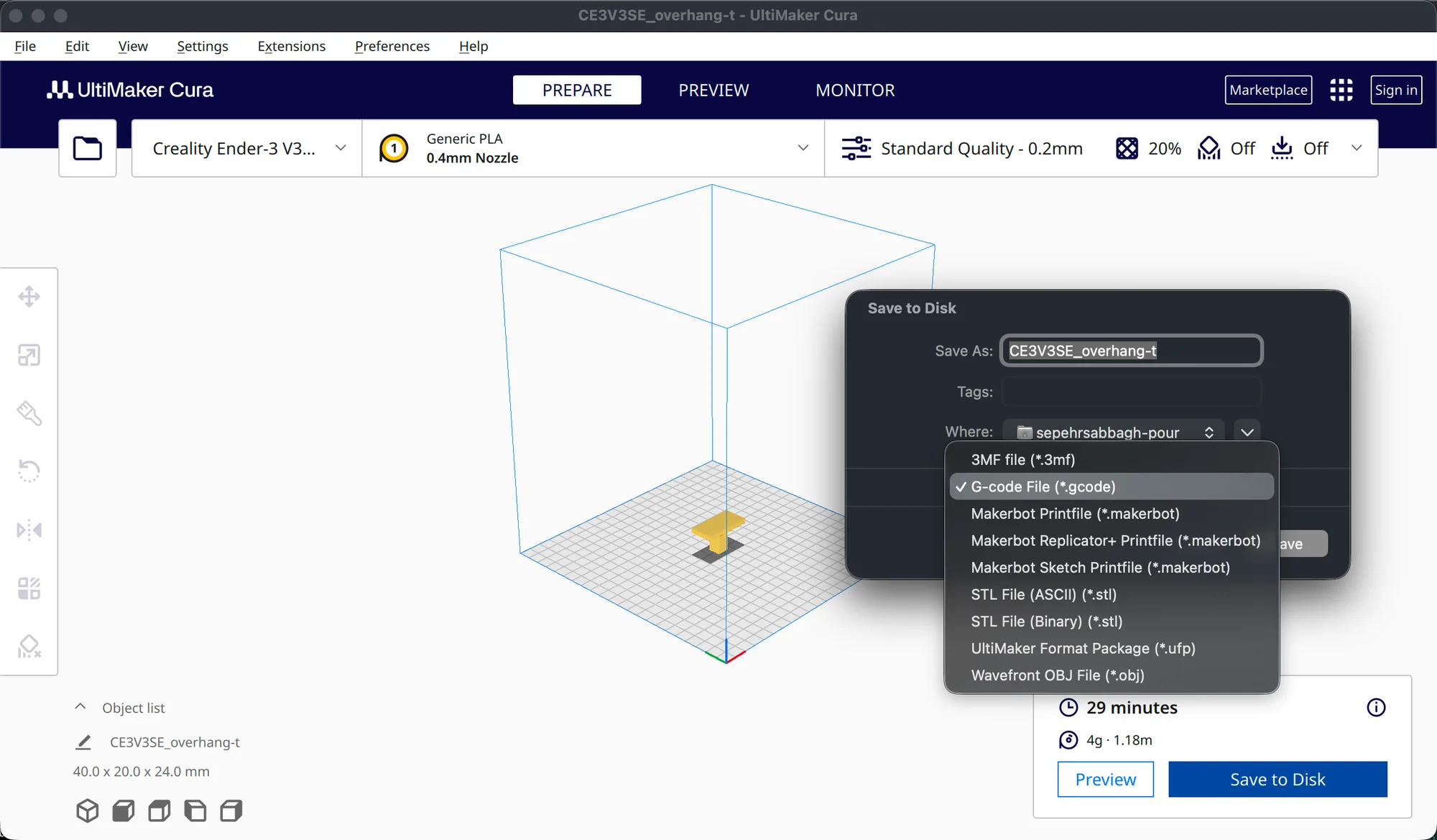 Cura format drop-down listing 3MF, G-code, Makerbot, STL, UltiMaker Format Package and OBJ