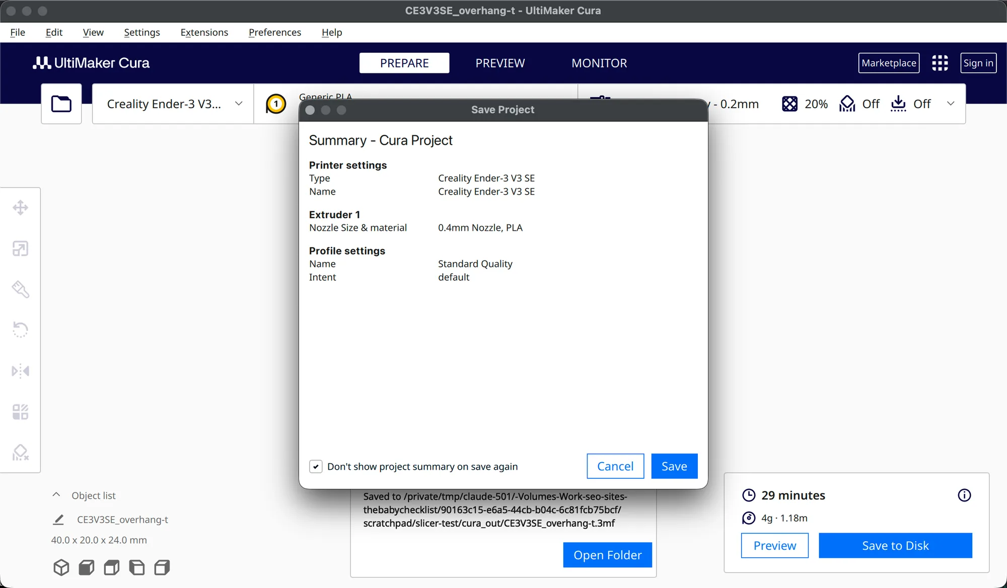 Cura Save Project summary dialog showing printer, extruder and profile settings