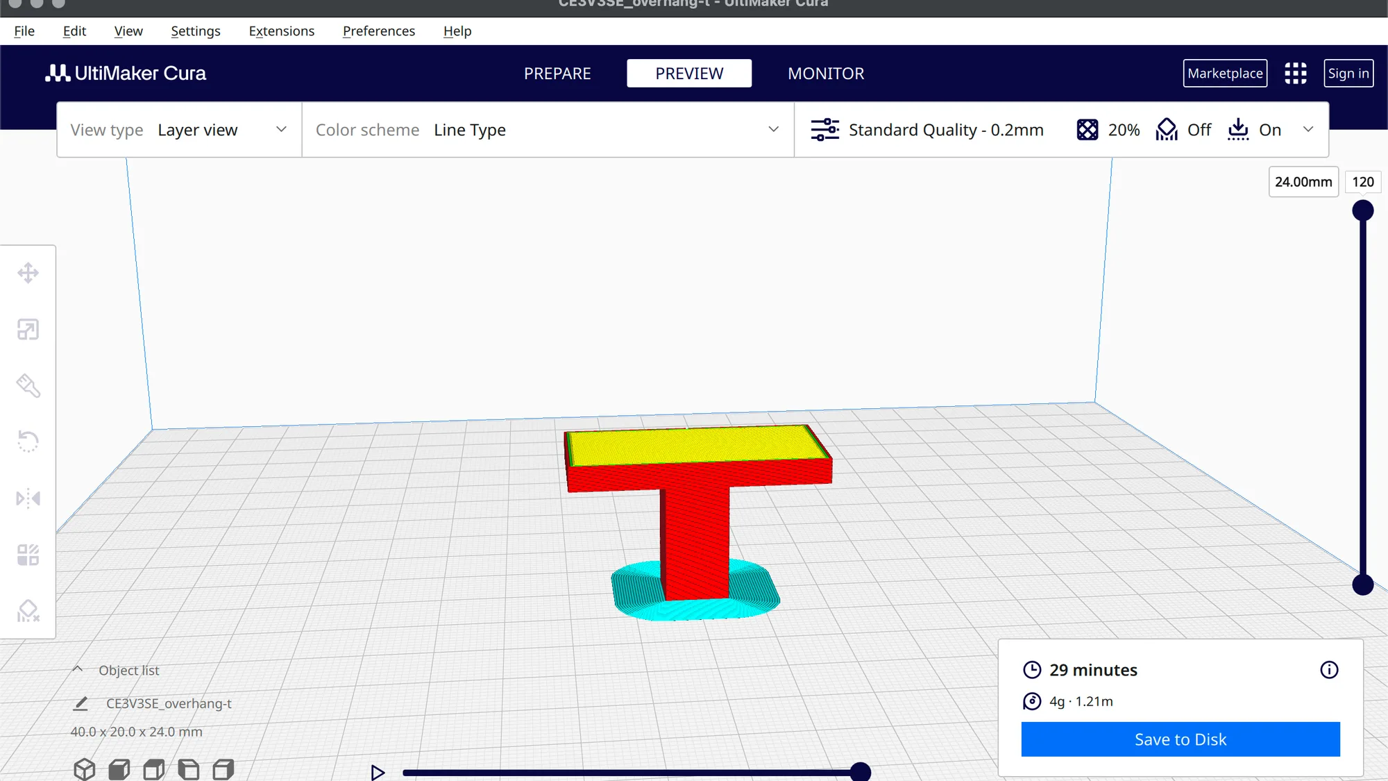 Cura Preview showing a cyan brim around the base of the overhang-t test part