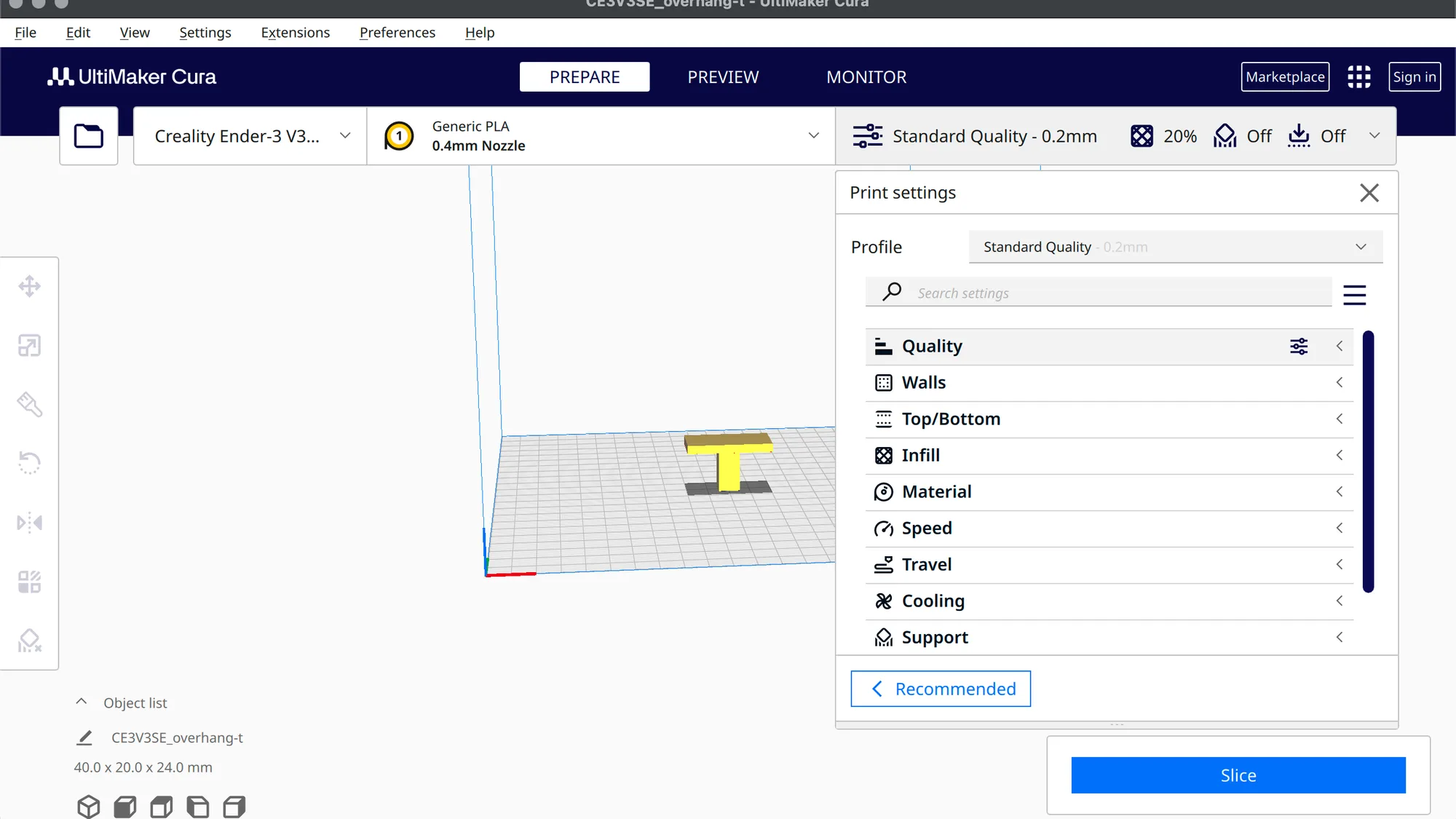 Cura Custom print settings panel showing the Profile drop-down, Search settings box and the category list