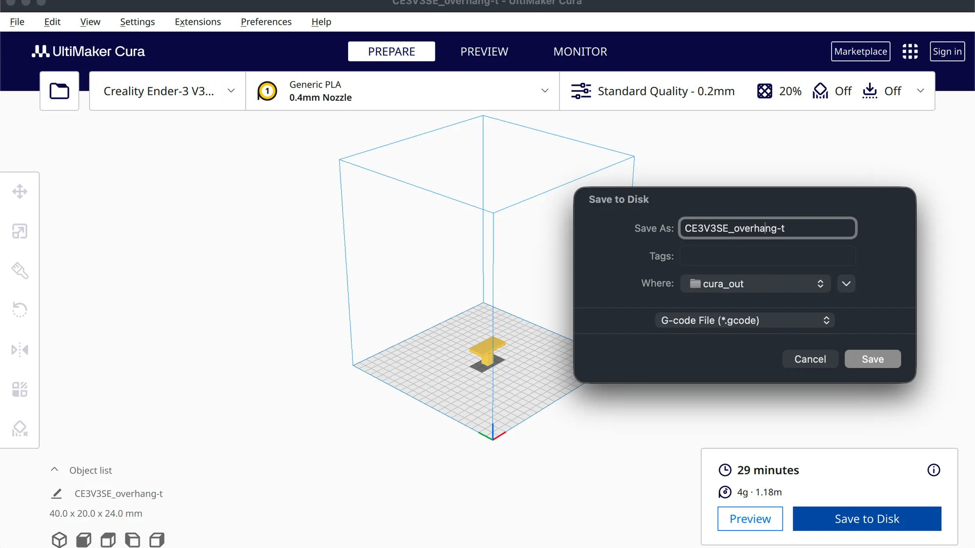 UltiMaker Cura Save to Disk dialog suggesting the file name and the G-code file format