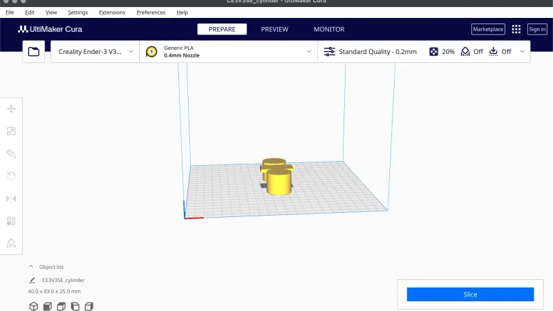 Cura Prepare view with a cylinder, a copy and a T shaped part arranged on the build plate