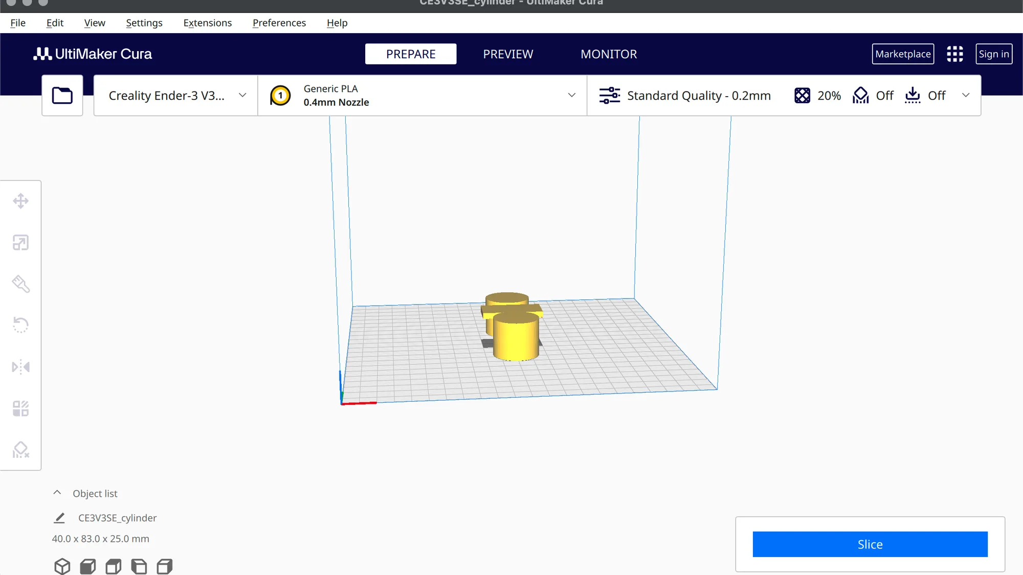 Cura Prepare view with a cylinder, a copy and a T shaped part arranged on the build plate