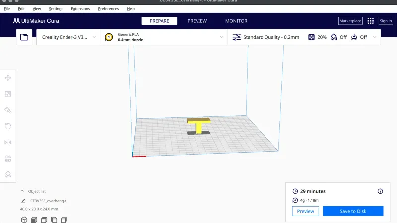 The UltiMaker Cura main window showing the top bar, printer and material selectors, left toolbar, object list and the print time estimate
