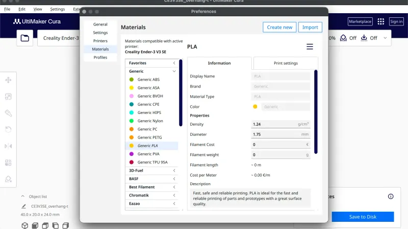 UltiMaker Cura 5.13.0 Preferences window on the Materials page with Generic PLA selected, listing density 1.24 and diameter 1.75