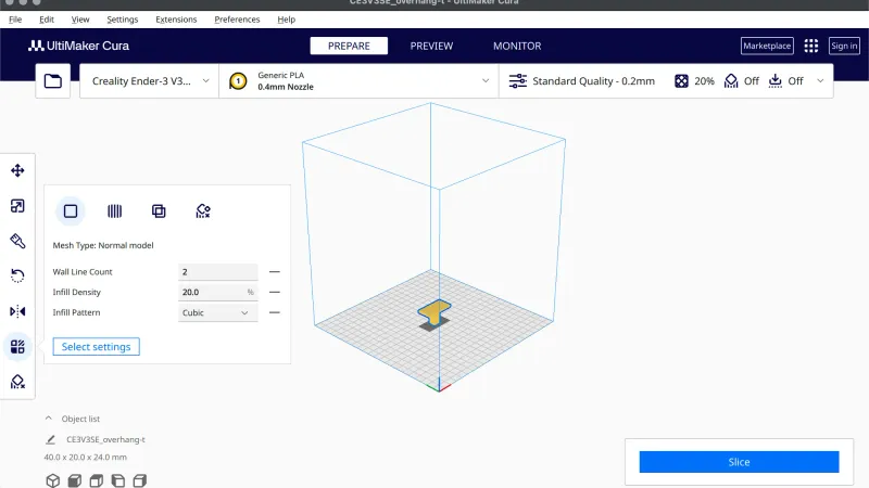 The Per Model Settings panel in UltiMaker Cura with Wall Line Count, Infill Density and Infill Pattern rows