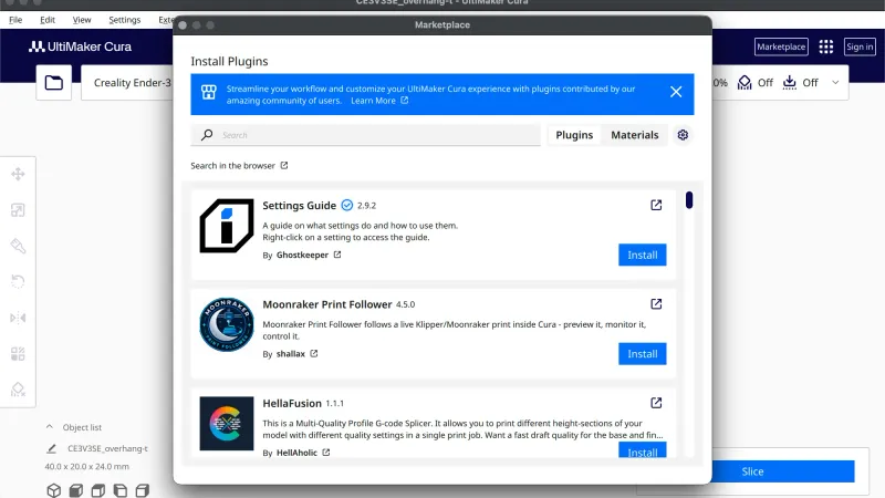Cura Marketplace window listing community plugins with Install buttons
