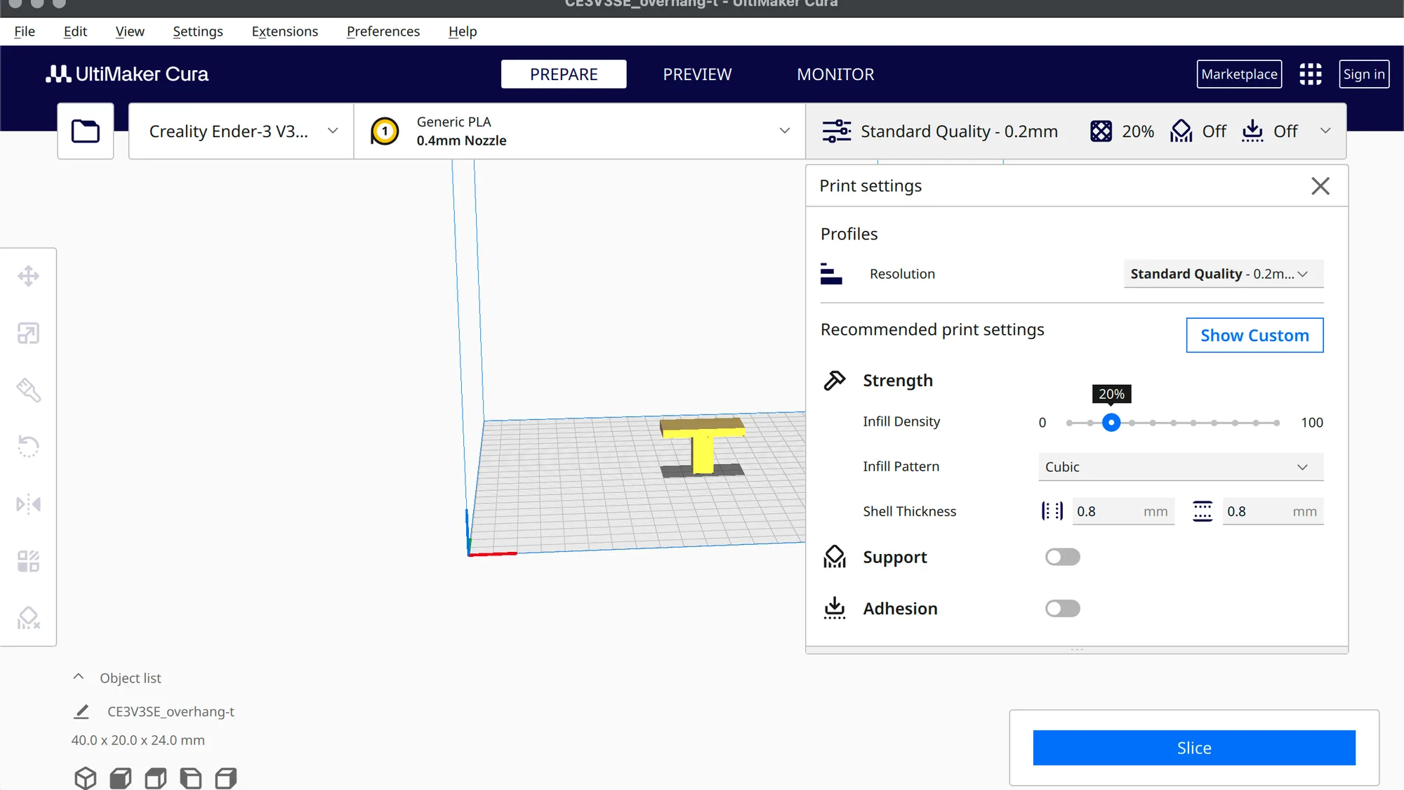 Cura Recommended print settings panel with Resolution, Infill Density, Infill Pattern, Shell Thickness, Support and Adhesion
