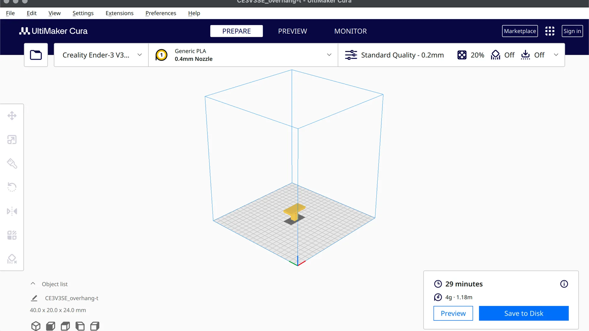 UltiMaker Cura Prepare window with a T shaped test part on the build plate and a 29 minute slicer estimate