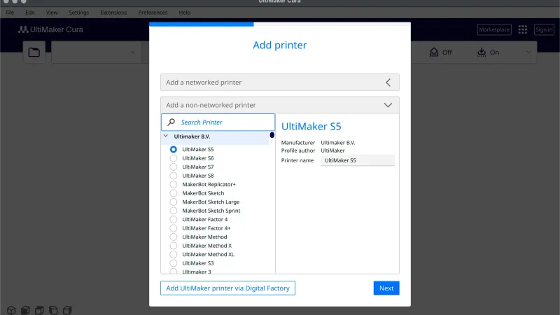 UltiMaker Cura add printer screen with the non-networked printer list and a search box