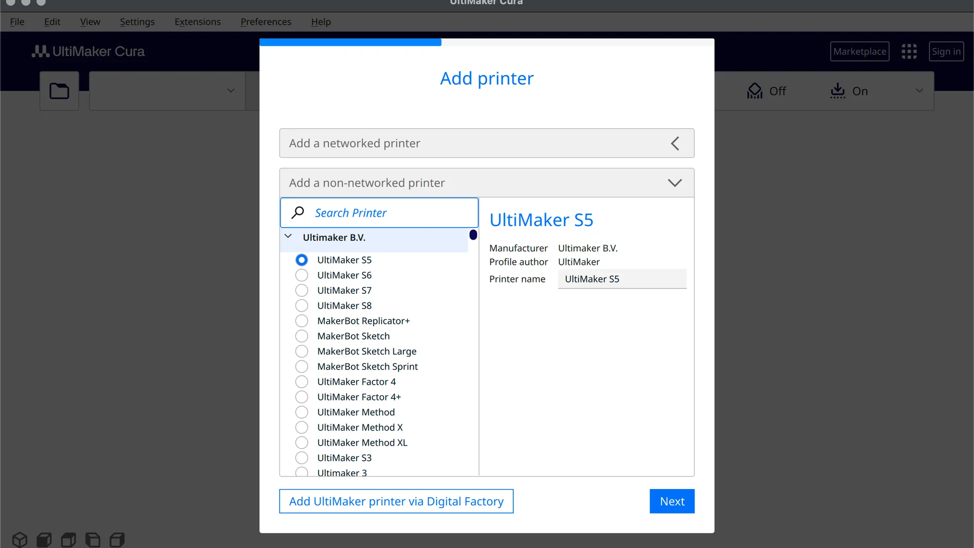 UltiMaker Cura add printer screen with the non-networked printer list and a search box