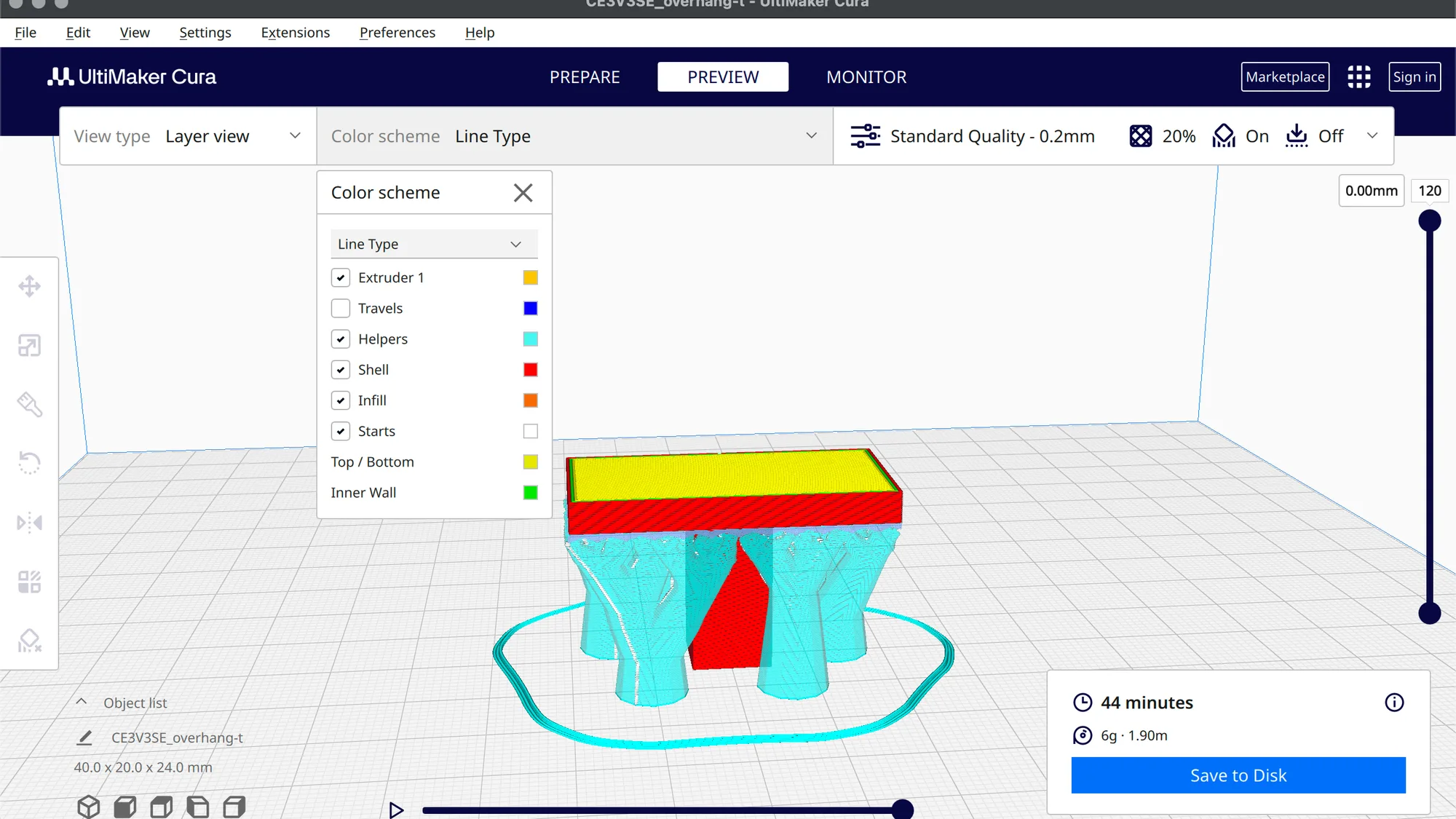 Cura Preview showing blue-green tree support branches under an overhang with the Line Type legend open