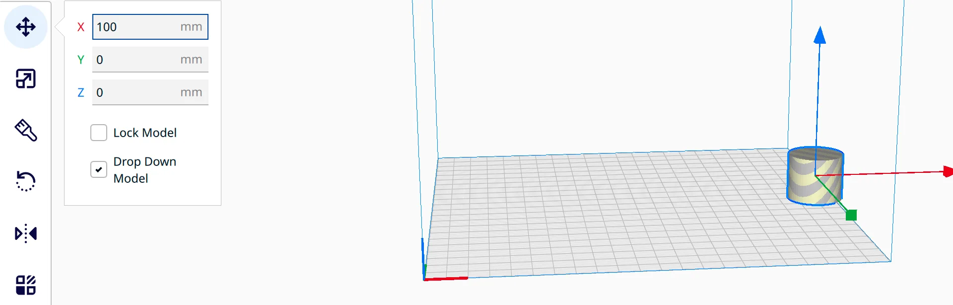 Cura Move panel with X 100 mm, the cylinder striped grey and yellow because it crosses the build volume edge