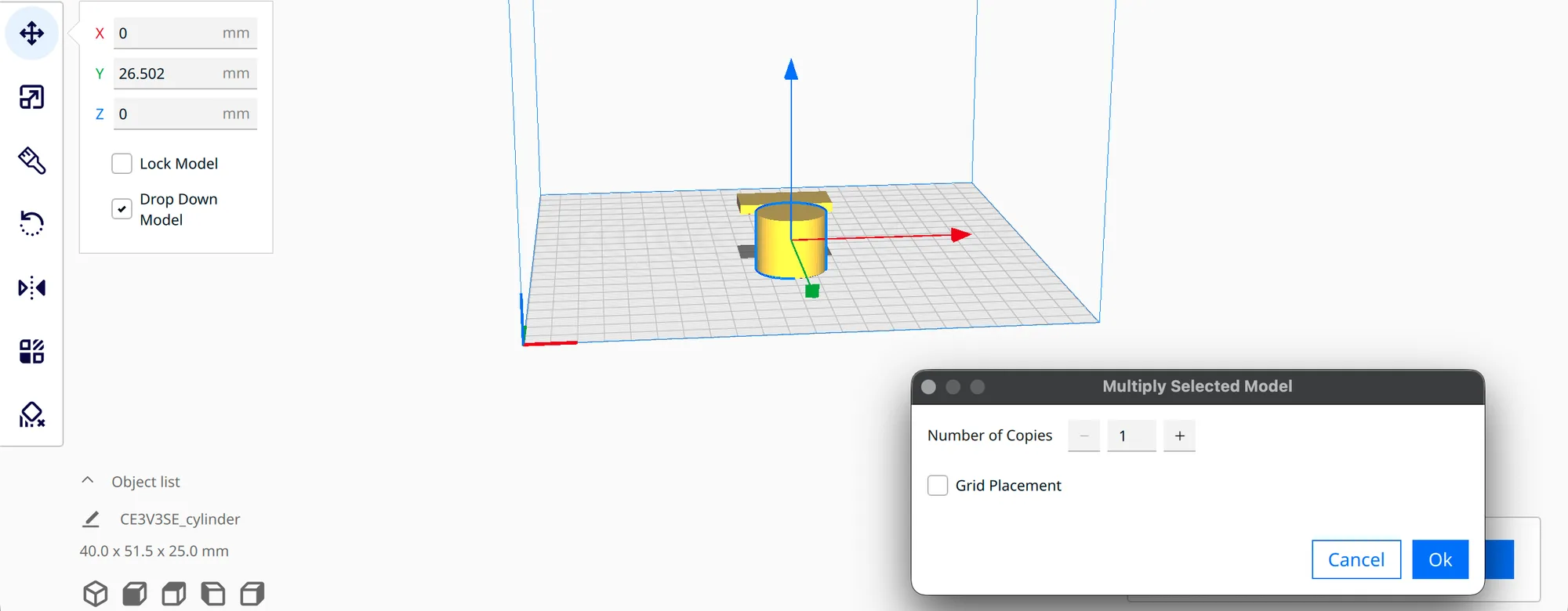 Cura Multiply Selected Model dialog with Number of Copies set to 1 and Grid Placement unticked
