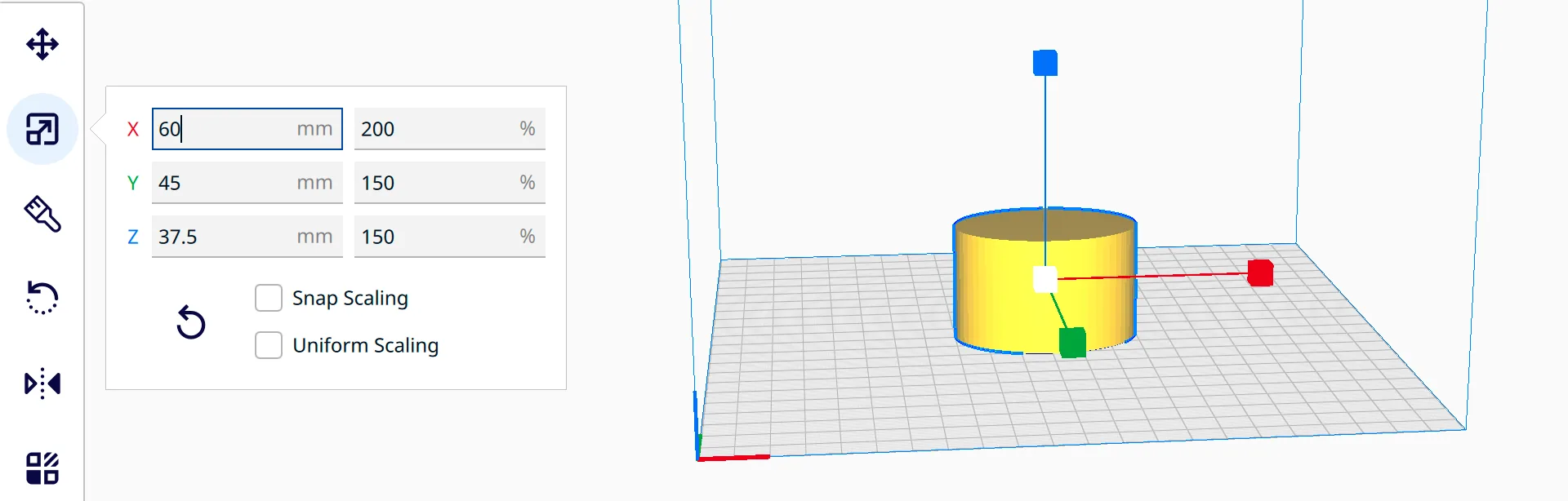Cura Scale panel showing size and percent fields with Uniform Scaling unticked and a stretched cylinder