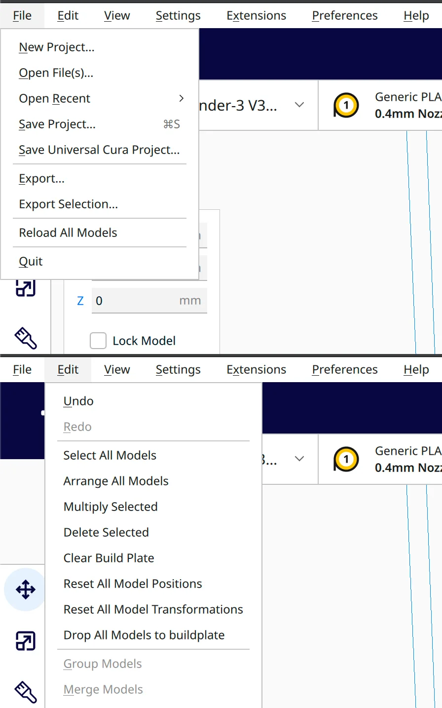 The File and Edit menus open in UltiMaker Cura 5.13.0