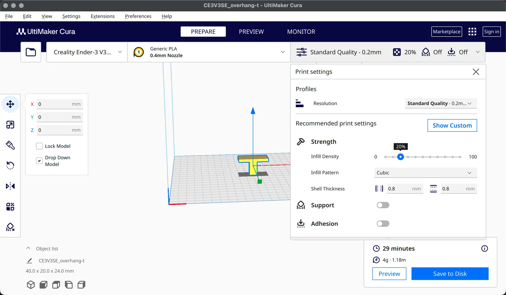The Cura Print settings panel in Recommended mode with infill density, pattern, shell thickness, support and adhesion